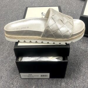 J Slides Rollie Lt Gold metallic leather new in box size 8